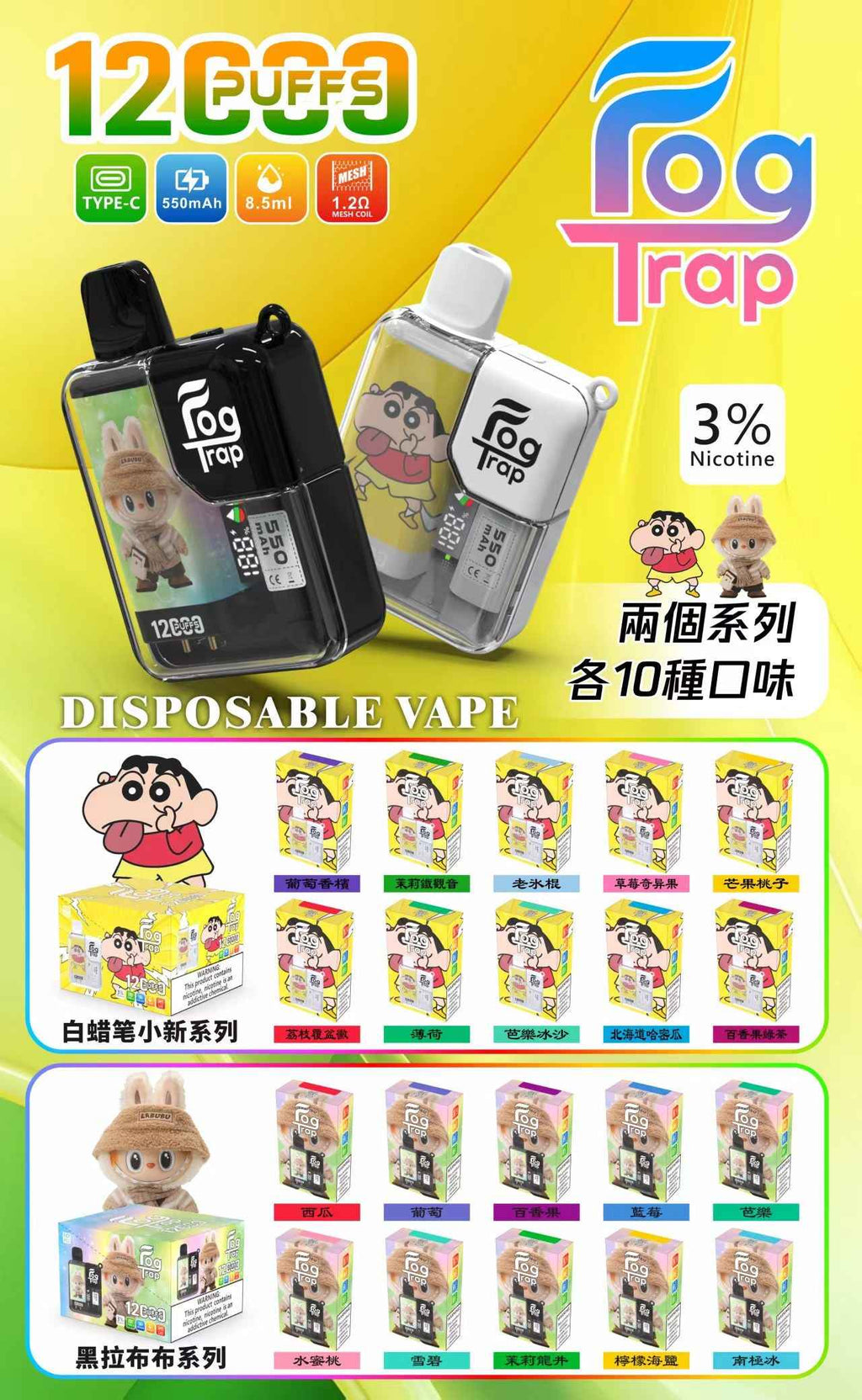 Fog Trap拋棄式12000口 一次性電子菸 LABUBU-蠟筆小新聯名款